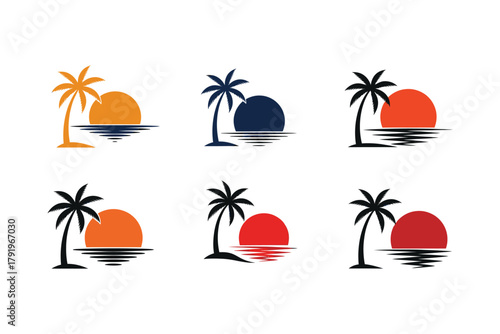 Set of stylized tropical sunset and sunrise scenes with palm trees
