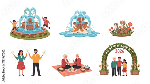 Urban Oasis Montage: A collection of various scenes unfolds, each showcasing unique elements. People engaging in varied activities, with water fountains as focal points, a flower-filled setting.