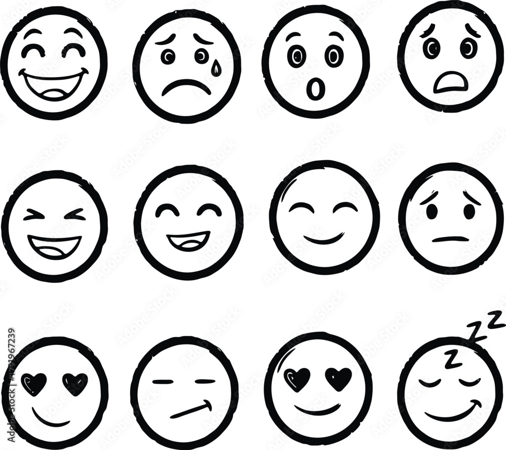 Fototapeta premium Collection of hand drawn smiley face emoticons expressing various emotions