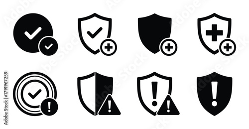 Collection of eight different shield icons with checkmarks, plus signs, and alert symbols.