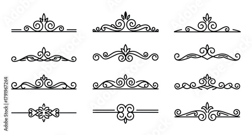 Collection of elegant ornamental borders and flourishes. Decorative calligraphic design divider elements.