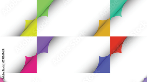 Colorful page curls on white canvas with subtle shadow effect
