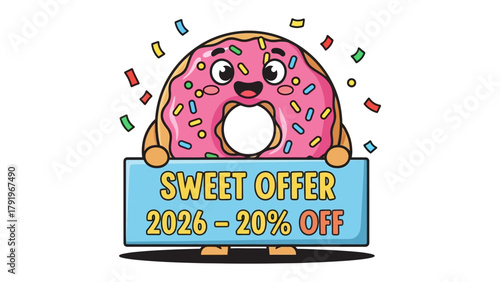 Sweet Deal Delight: An appetizing donut, beaming with joy, presents a 'Sweet Offer', promising a tempting discount on a tasty treat.