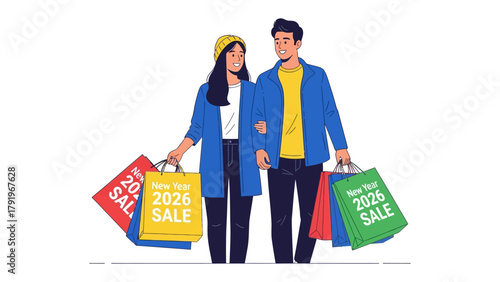 New Year Sale Duo: A couple strolls arm-in-arm, brimming with excitement, laden with shopping bags, their joyful faces illuminating the promise of deals and discounts in 2026.
