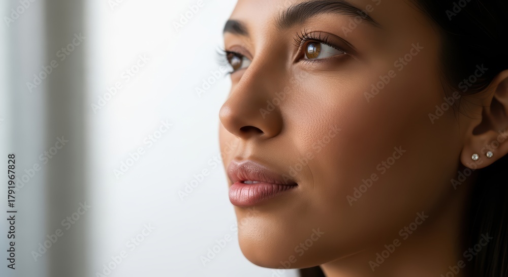 Fototapeta premium Young hispanic female with soft expression facing sideways