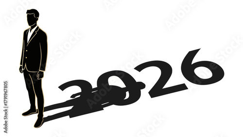 Silhouette of Future: An image featuring a business person silhouette casting a long shadow over the year 2026, symbolizing anticipation and forward-thinking.