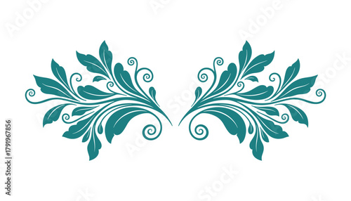 Creative abstract decorative floral ornament. Green leaves and curly swirls. Symmetrical flourish