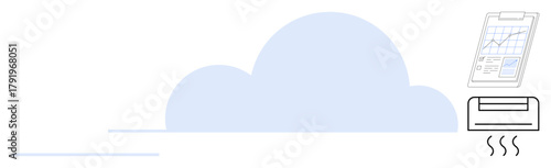 Cloud with graphical chart on tablet and air conditioner emitting heat. Ideal for technology, data analytics, cloud computing, environment, IoT, innovation, energy. Simple flat metaphor