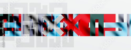 Abstract geometric composition. Blocks, lines, shapes create dynamic visual texture. Red, blue, gray dominate palette. Minimalist design.