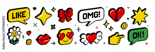 Pixel 3d isometric icon and sticker set. 8 bit retro game style. Y2k trendy vector illustration of heart cursor hand flower speech bubble character sparkle star etc. Social media and chat elements.