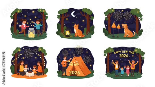 New Year's Eve Celebrations: Illustrated scenes of families and friends enjoying New Year's Eve in various settings: forest, camping and Fireworks 