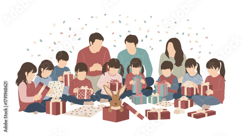 Joyful Gift Unwrapping: A heartwarming family scene unfolds as parents and children gather to unwrap a plethora of gifts, each face illuminated with delight and anticipation. 