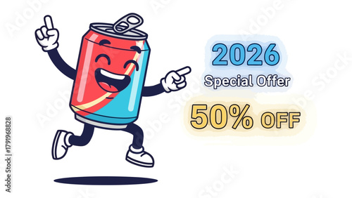 Refreshing Deal: A cheerful soda can sprints with glee, showcasing a special offer with a tempting 50% discount for the year 2026.