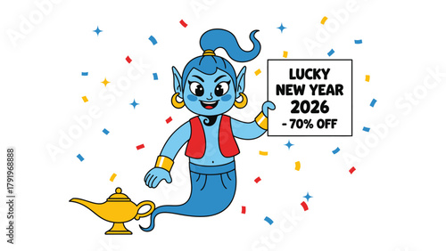 Genie's New Year Wish: A whimsical genie emerges, extending an invitation for a Lucky New Year 2026 with a generous 70% off, accompanied by a scattering of celebratory confetti and a magic lamp.