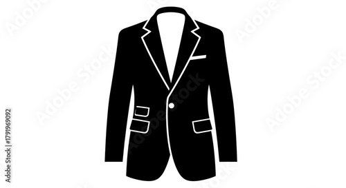 A simple black and white illustration of a classic men s suit jacket