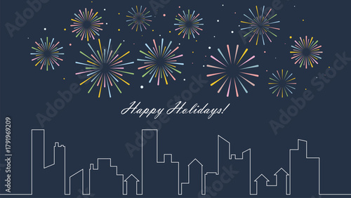 Fireworks exploding over city silhouette. Happy Holidays greeting banner. Festive template with night background, colorful flashes, confetti and congratulatory text. Vector graphic