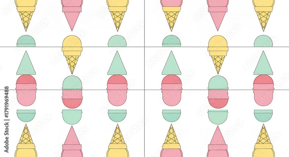 Fototapeta premium Seamless Pattern of Pastel Ice Cream Cones and Scoops on White Background.