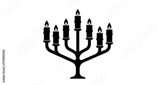 A black silhouette of a traditional jewish menorah with nine lit candles