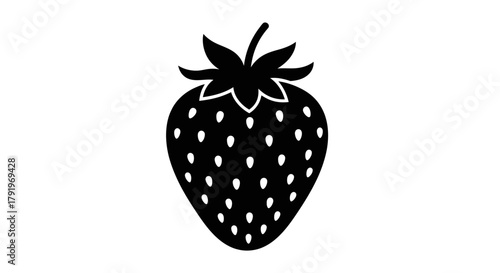 Simple black and white illustration of a strawberry with green leaves
