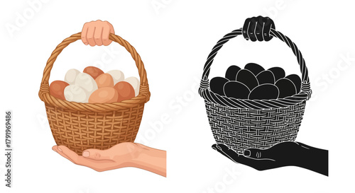 A colorful basket of eggs and its monochrome counterpart held by hands