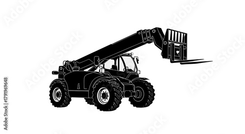 Black and white illustration of a telescopic handler machine on wheels