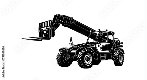 Detailed illustration of a black and white telescopic handler machine
