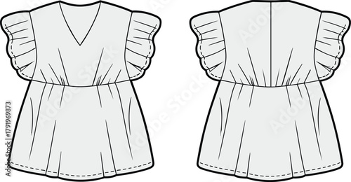 Women’s short ruffle sleeve dress flat fashion vector with V-neck, gathered waist, and flared hem — apparel CAD design