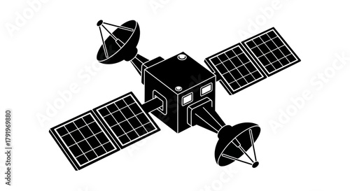 A black and white illustration of a satellite with solar panels and antennas