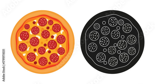 A colorful pepperoni pizza and its monochrome outline illustration
