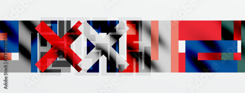 Abstract geometric composition. Rectangles overlap, creating dynamic visual texture. Red, blue, gray dominate palette. Minimalist design.