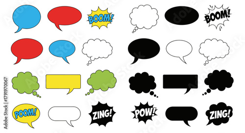 A collection of colorful and black and white comic speech bubbles and bursts