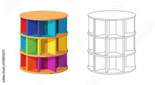 Colorful rotating bookshelf design next to its line art rendering