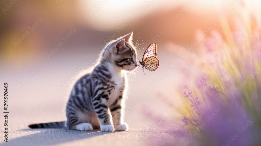 Obraz premium Adorable kitten curiously looking at colorful butterfly in soft sunlight