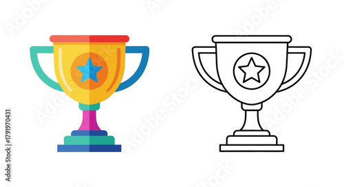 Colorful trophy and its line art version displayed side by side