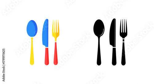 Colorful and monochrome cutlery set spoons knives and forks displayed graphically