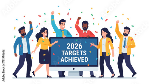 Digital Celebration of Goals: A vibrant group of colleagues celebrates the successful achievement of 2026 targets, a testament to their dedication and collaborative efforts.