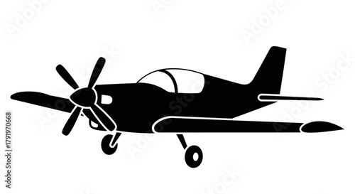 Simple black silhouette of a small single engine propeller airplane in flight