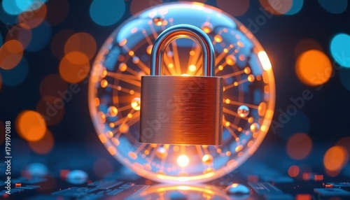 cyber privacy rights padlock security concept. Digital lock within a glowing sphere of interconnected lights.