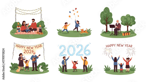 New Year Celebration: joyful illustrations capturing new year celebration by happy family and kids .