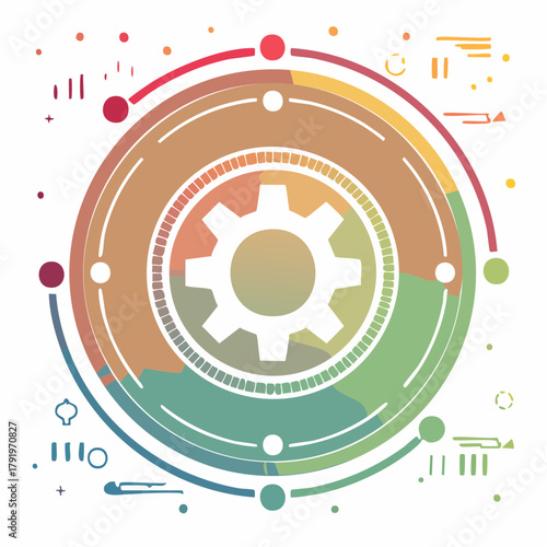 Abstract conceptual illustration of a technological system with a central gear icon, representing data processing, innovation, digital development, and interconnected network functions