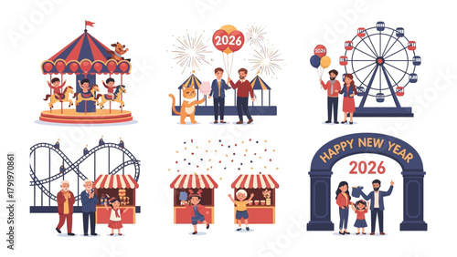Joyous New Year Celebration 2026: A vibrant illustration depicts a lively new year carnival setting in 2026, filled with festive cheer and joyful family moments.