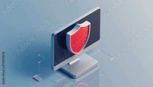 cyber privacy rights padlock security concept. 3D illustration of a computer with a shield symbolizing cybersecurity.