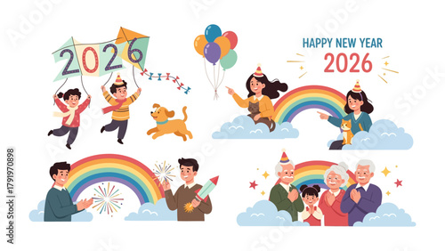 Happy New Year 2026: A vibrant and joyous scene of the New Year celebrations, showcasing a family engaging in fun activities with bright colors. 