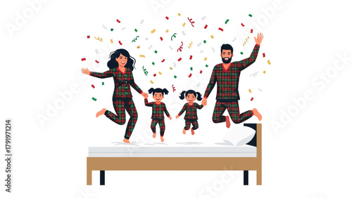 Family's Joyful Jump: A family of four leaps together on a bed, showered by colorful confetti, epitomizing the warmth of togetherness and fun.