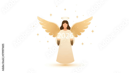 New Year Angel: An angelic figure, with golden wings and a halo, heralds the New Year with a sense of hope and spiritual enlightenment.