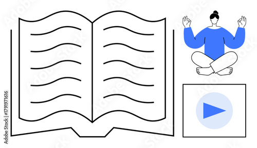 Open book, person meditating in lotus pose, and play button icon for media. Ideal for learning, mindfulness, education, self-improvement, relaxation, inspiration minimal flat metaphor