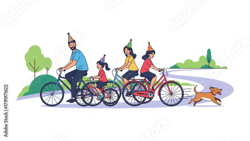 Joyful Family Bike Ride: A happy family pedals along a winding path, adorned with party hats, while a playful dog runs alongside. Capturing a perfect day of leisure, togetherness, and outdoor fun.
