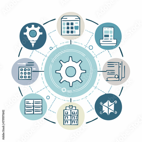 Conceptual diagram illustrating comprehensive system integration, data management, and efficient operational workflows. Unified technological ecosystem for modern business processes