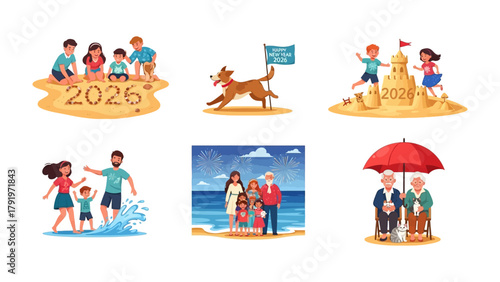Family Beach Getaway Scenes: A compilation of illustrations depicts diverse families enjoying quality time at the beach, showcasing playful activities, and joyous moments under the sun.