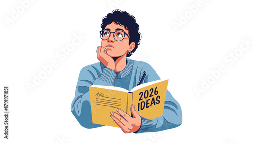 Visionary Planner: A thoughtful individual gazes upward, engrossed in contemplation, while clutching a planner with 2026 Ideas, suggesting forward-thinking and ambition.